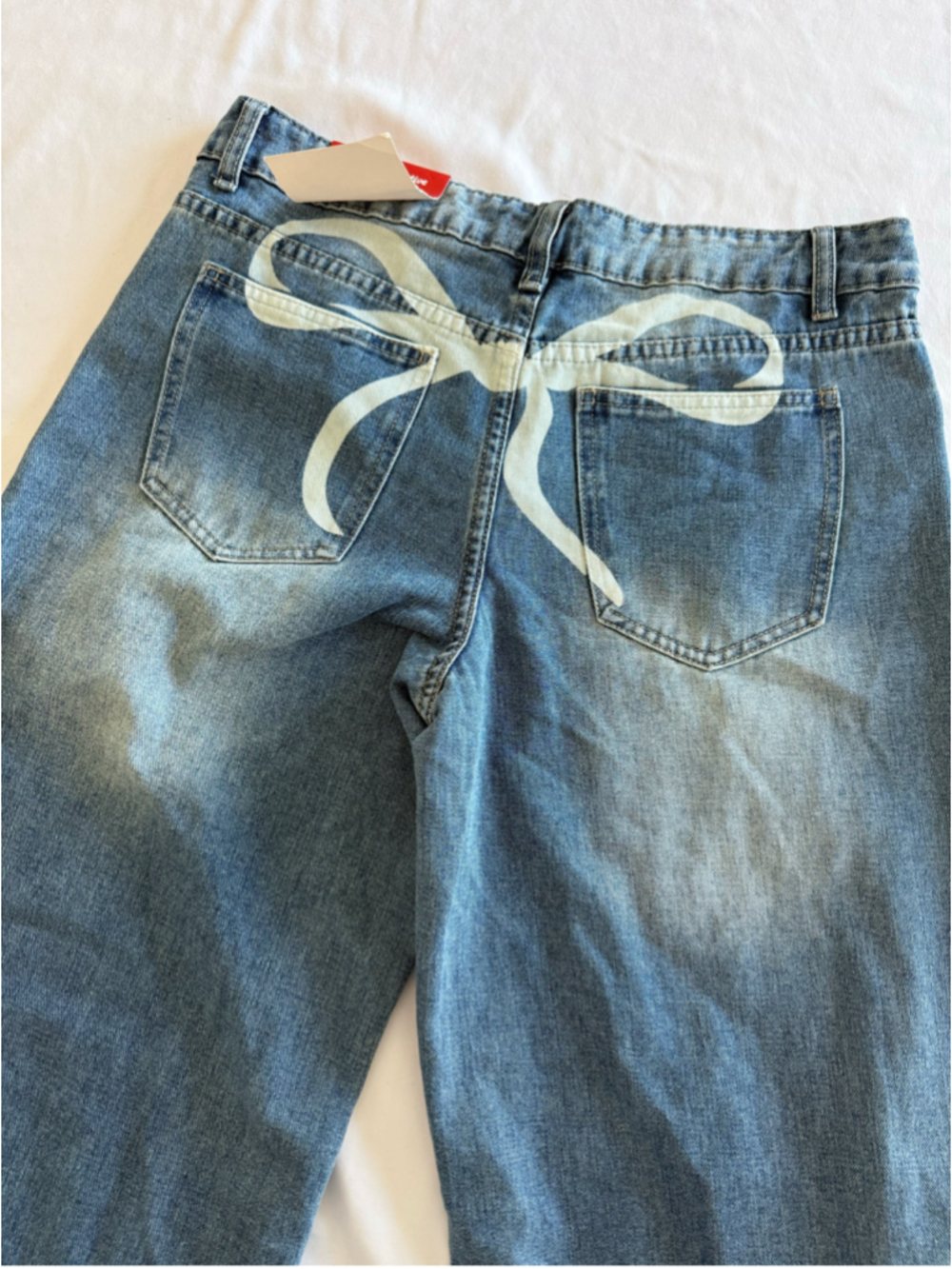 Women's BlueFox Collective Wide Leg Jeans Size 11 Blue White Bow Print - Picture 6 of 9
